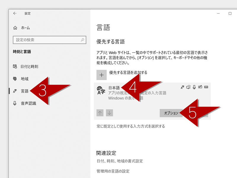 言語、日本語、オプションの順にクリックするキャプチャー画像